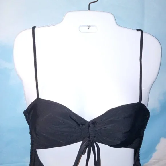 Black One-piece Bandeau Top Monokini Thong Bottom Swimsuit NEW - Picture 3 of 5